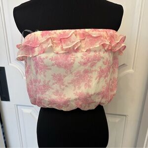 Altar’d State Floral Strapless Pink Top Crop Ruffle Shirt NWOT